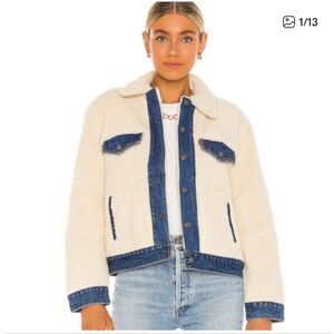 New Levi's Premium Ex-Boyfriend Pieced Cream Sherpa & Denim Trucker Jean Jacket
